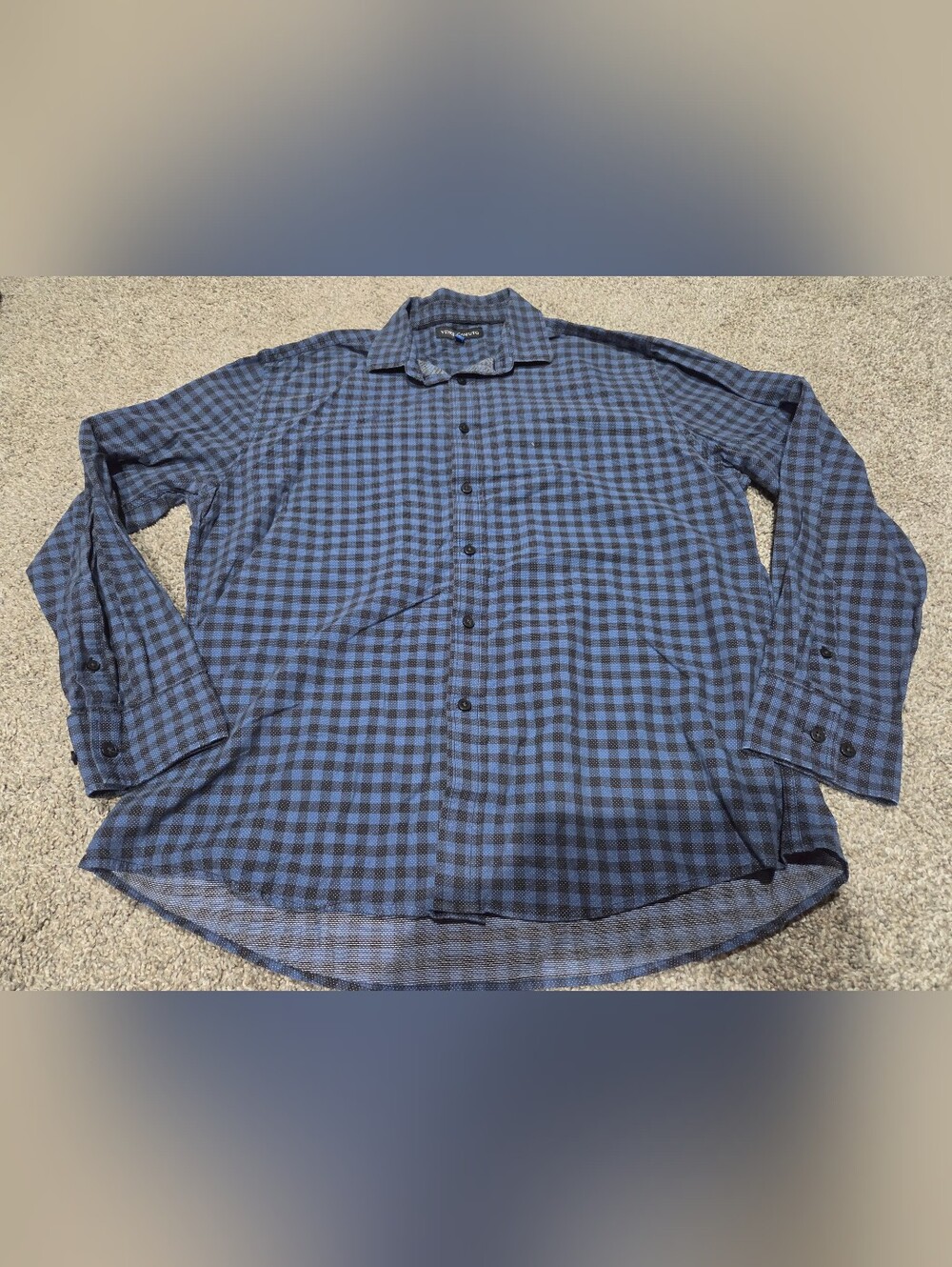 Vince Camuto Blue and Black Check Long-Sleeve Button-Down Shirt Size Large